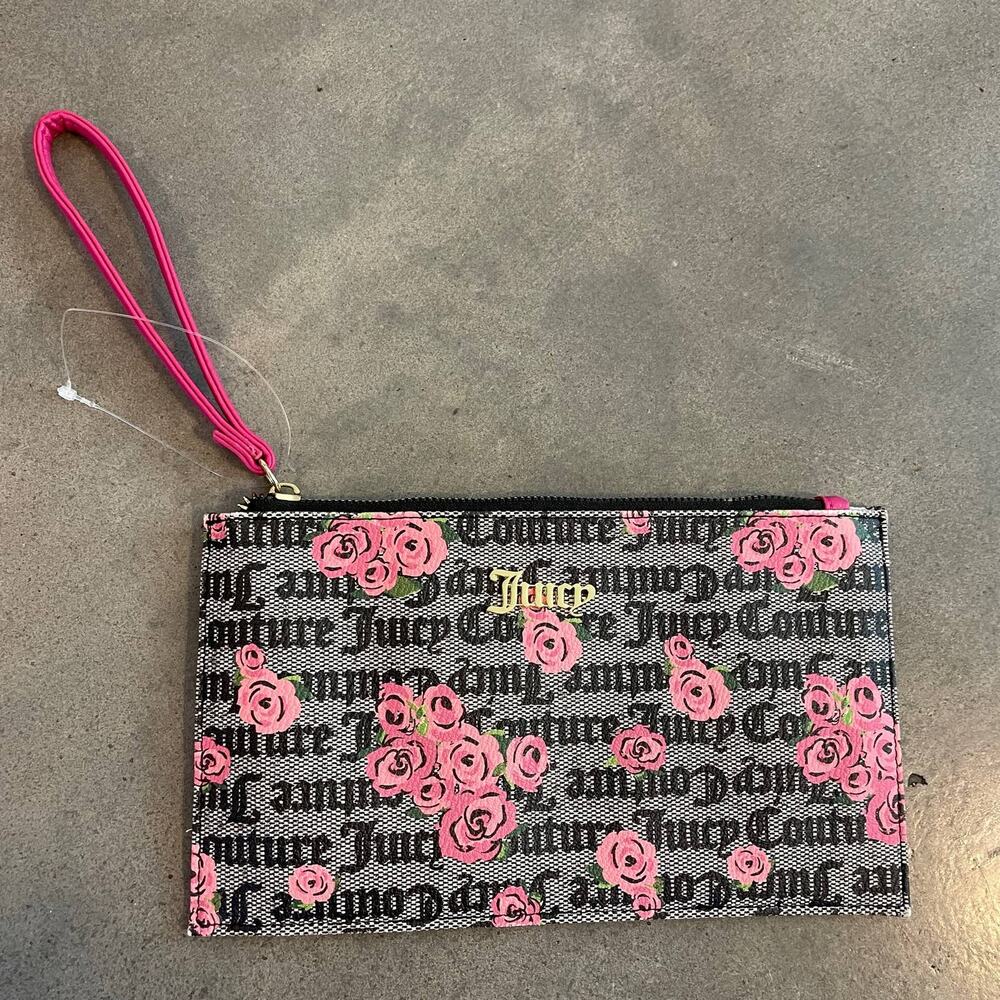 Juicy Couture black pink floral bloom roses wristlet clutch purse bag NEW